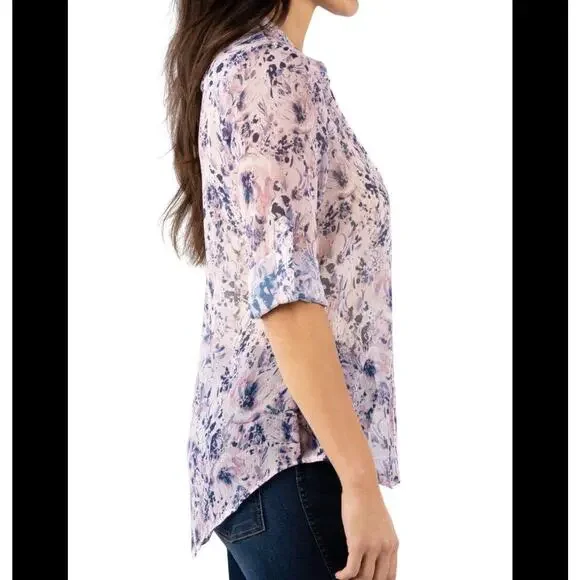 Kut from the Kloth Jasmine Pink Blue Floral Semi-Sheer Button Roll-Tab Blouse XS - Picture 10 of 10